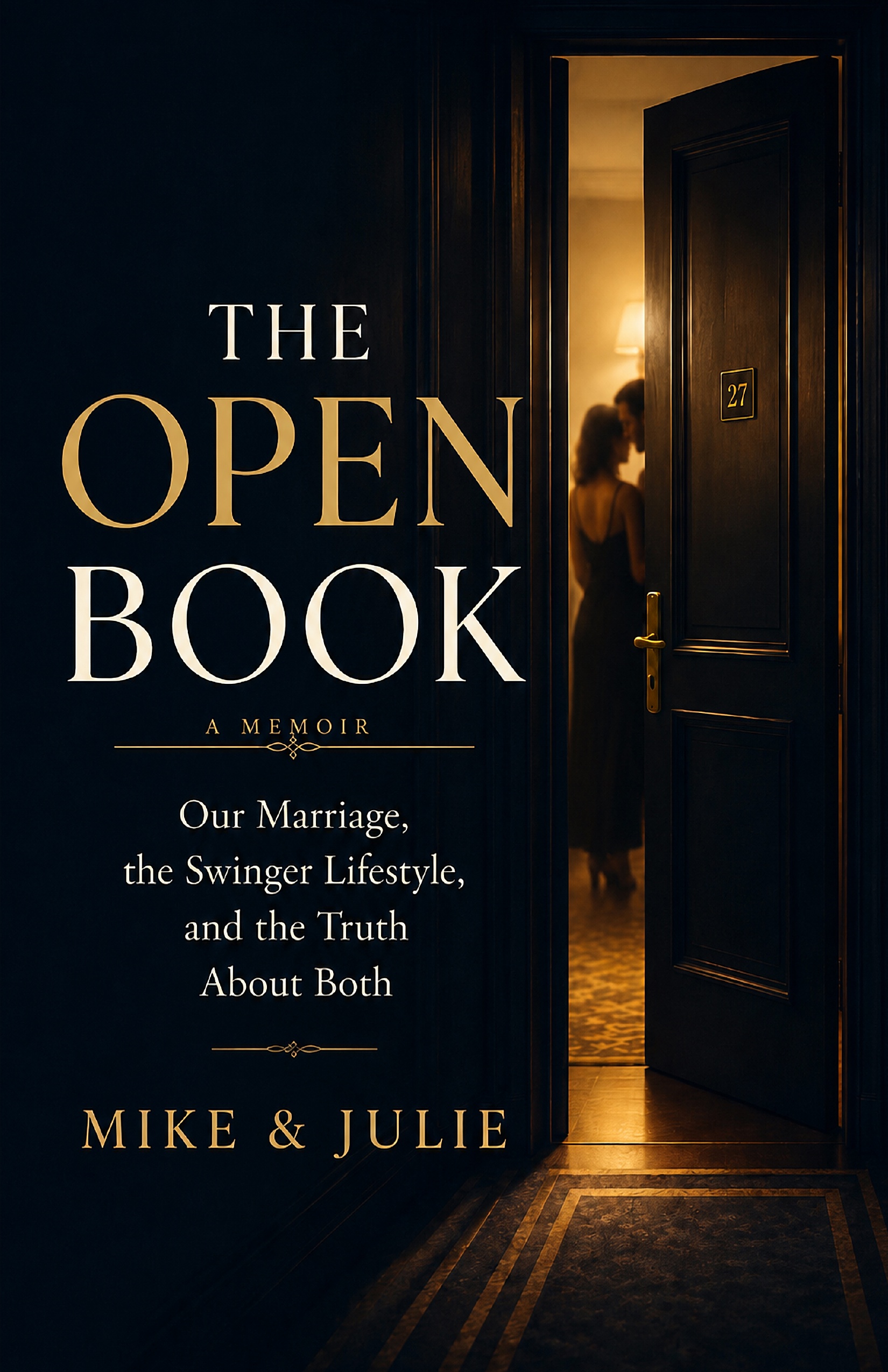 The Open Book — cover: a hotel room door ajar, a couple silhouetted in warm light