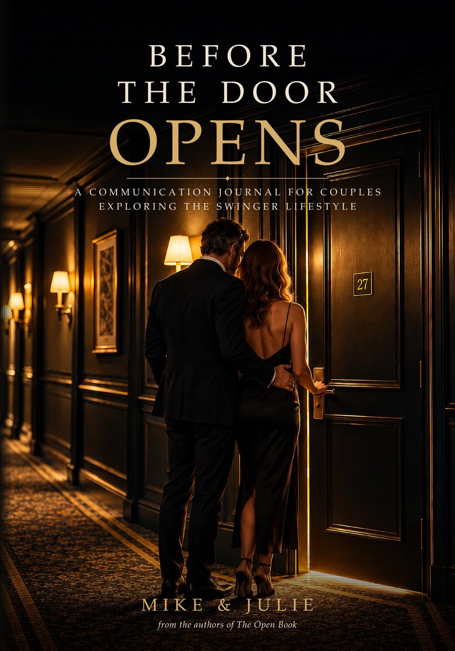 Before the Door Opens — cover: a couple standing at a closed hotel door, warm light glowing beneath it